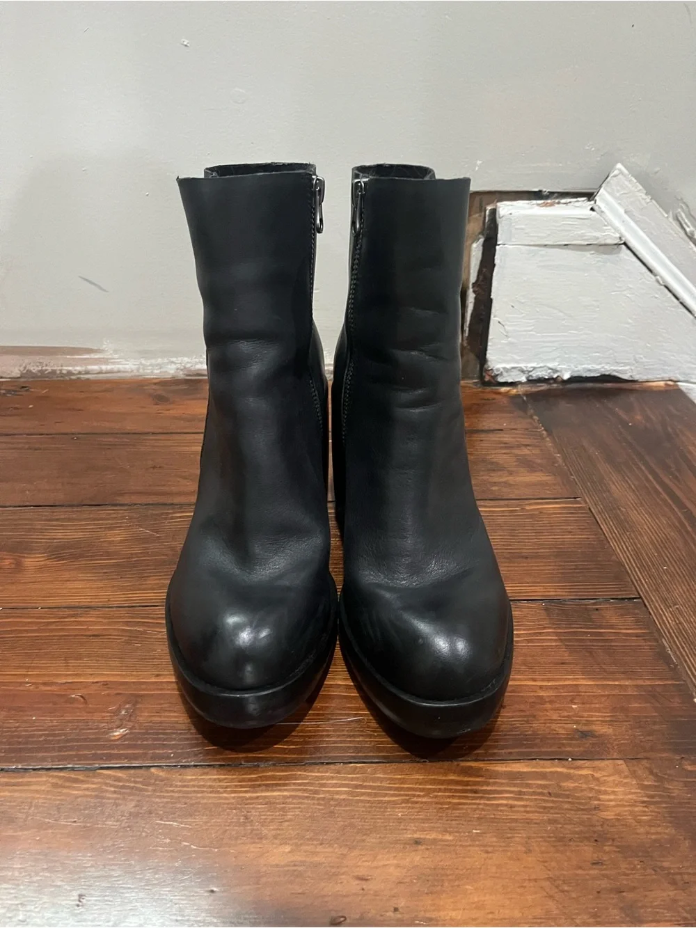 Kork-Ease Black Leather Platform Ankle Booties with Side Zip